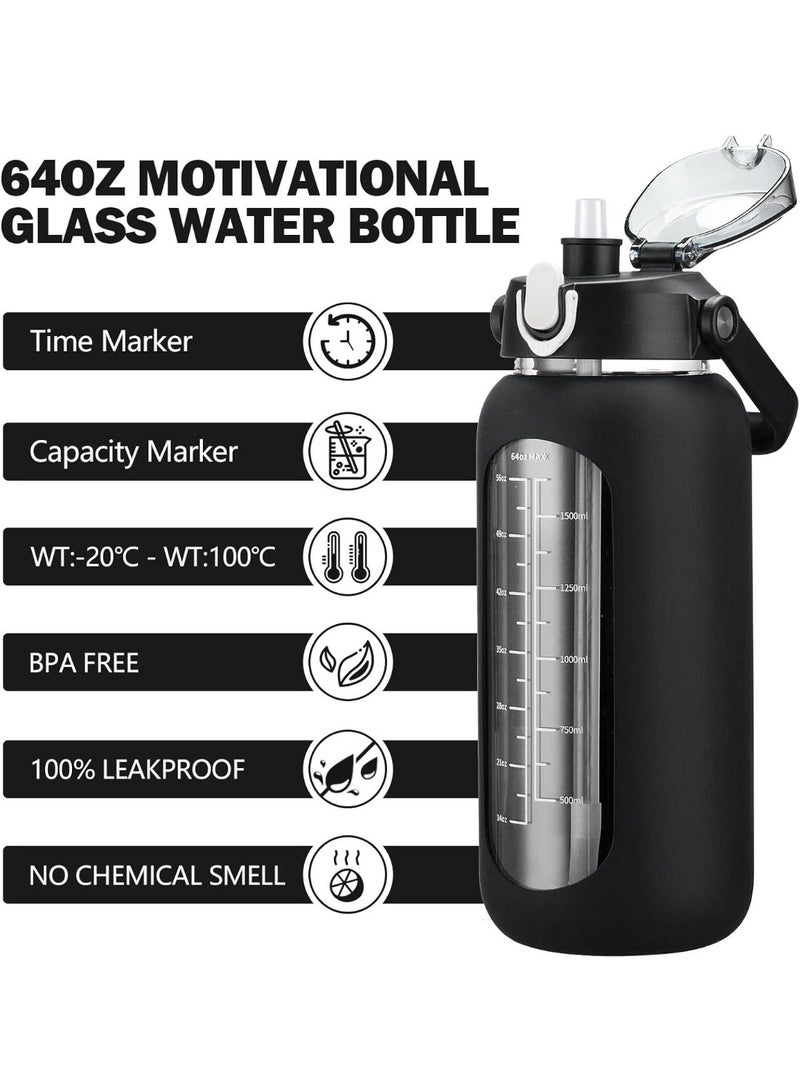 kunshao 64oz (2L) Motivational Glass Water Bottle with Straw & Silicone Sleeve, Half Gallon Large Leakproof Water Jug with Time Marker for Gym, Home & Office (Black) - Image 2